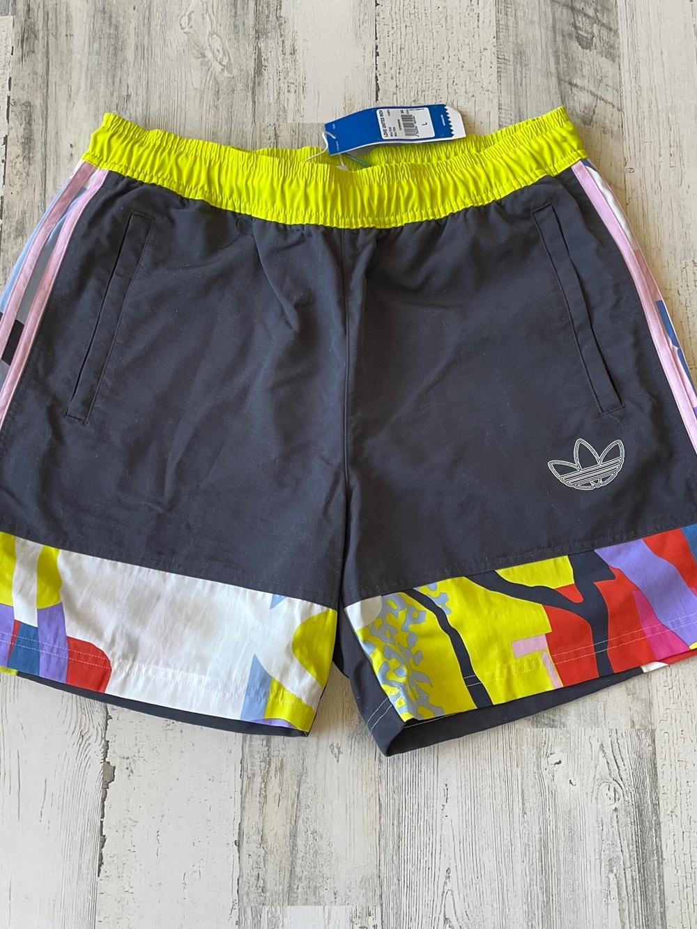Adidas Love United Shorts L Multicolor Unisex with Neon Yellow Waistband